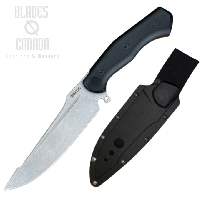 Begg Knives Alligator Fixed Blade Knife, 14C28N Tumbled Finish, G10 Black, FRN Sheath, BG048
